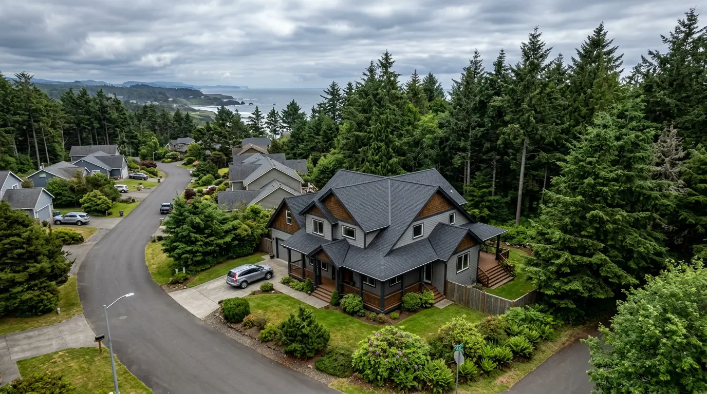 Aerial view of home with professionally installed gutter system