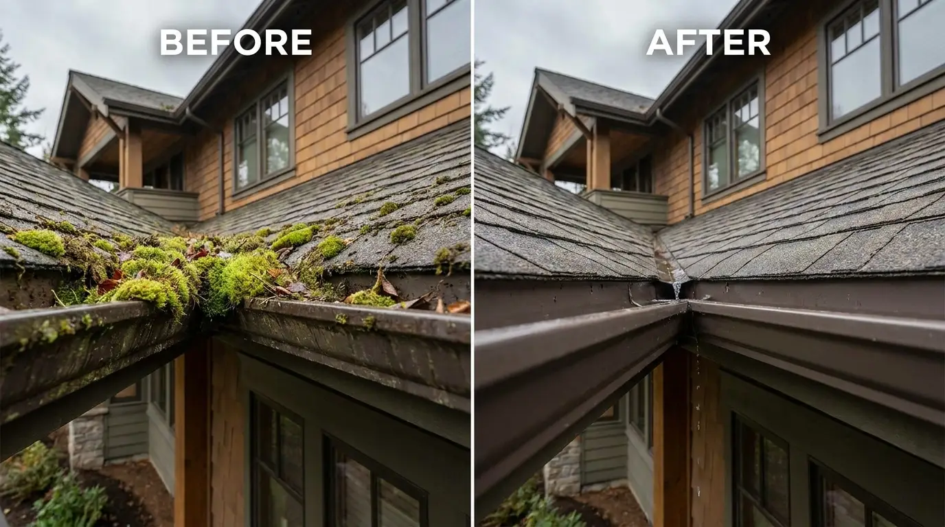 Before and after gutter cleaning on an Oregon home