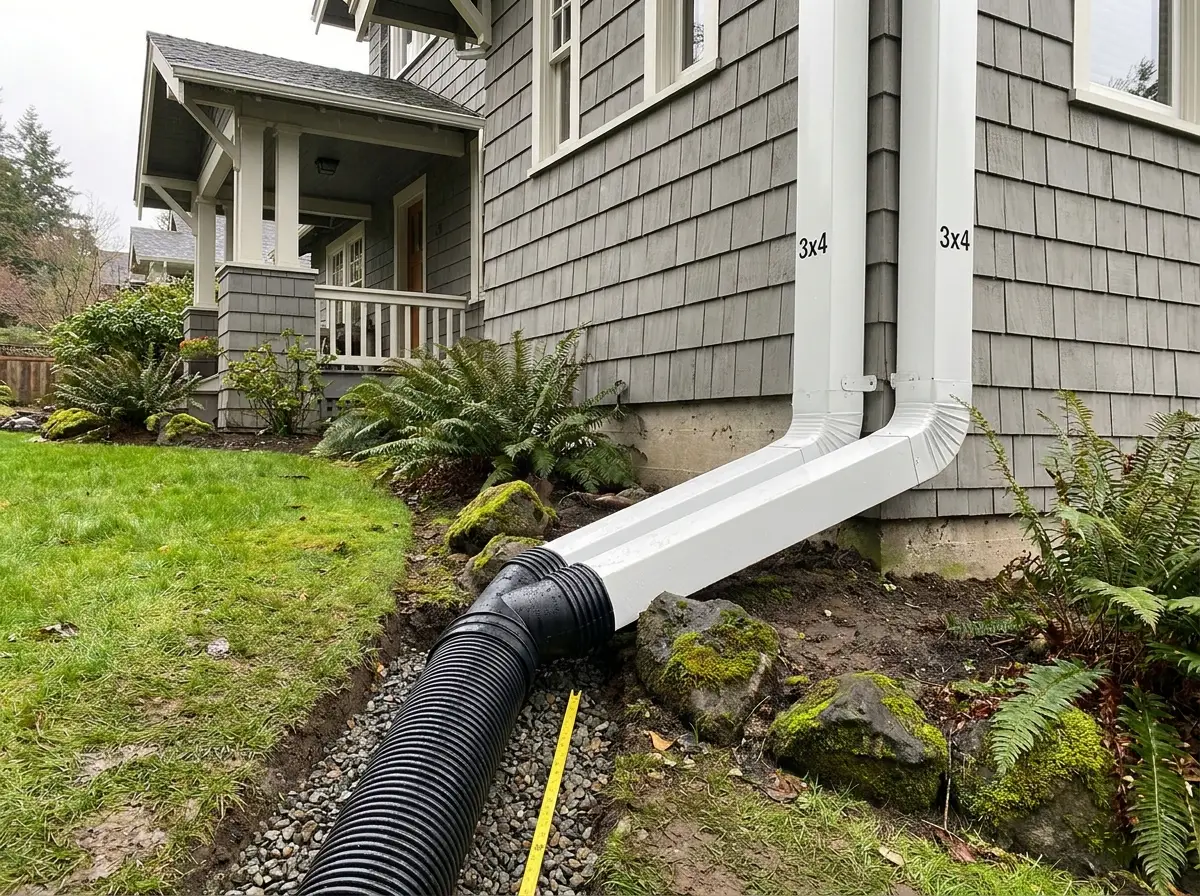 Downspout drainage system directing water from foundation
