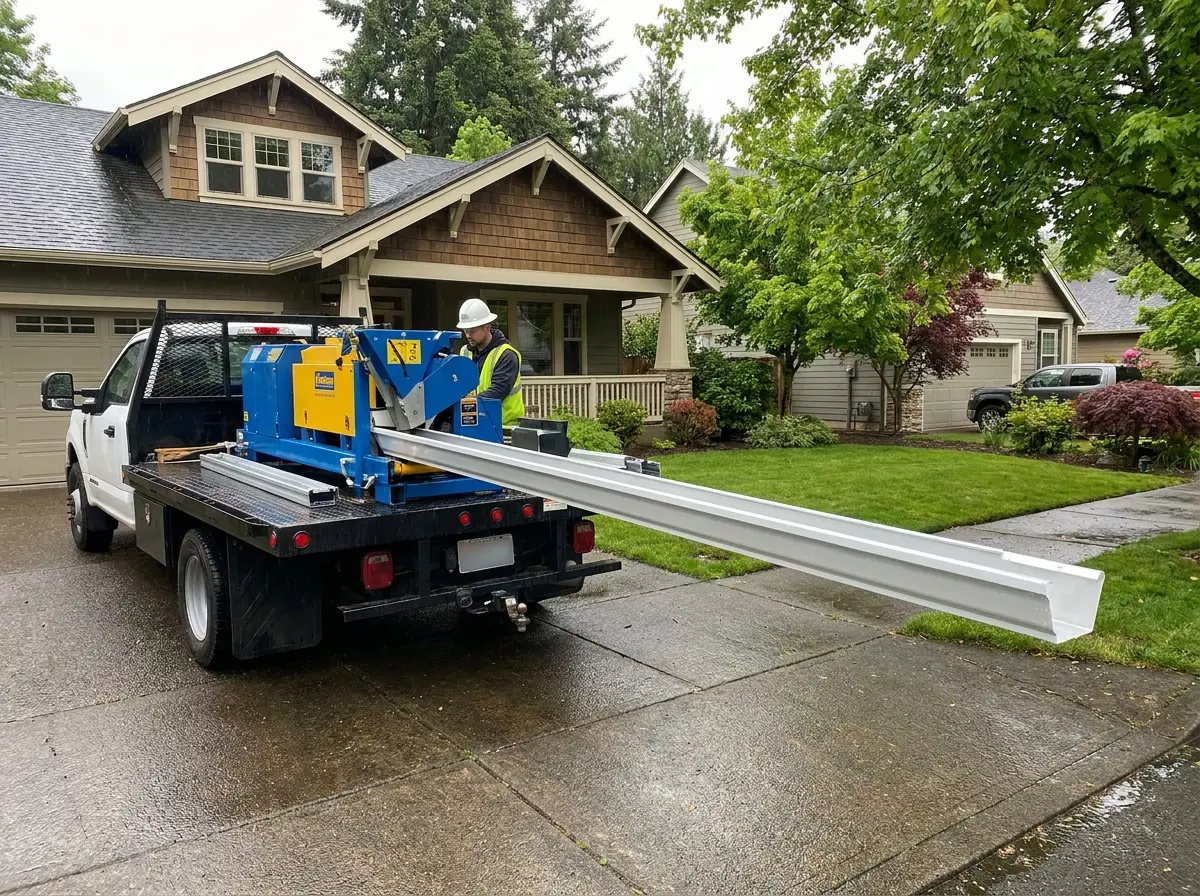 Gutter fabrication machine on a commercial job site