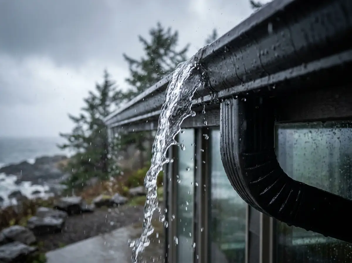 Rain flowing through clean gutters on an Oregon home