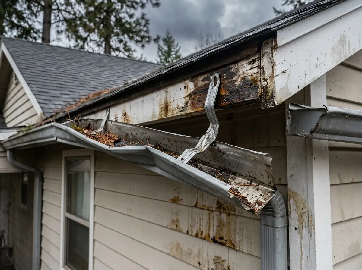 Storm-damaged gutters in need of repair