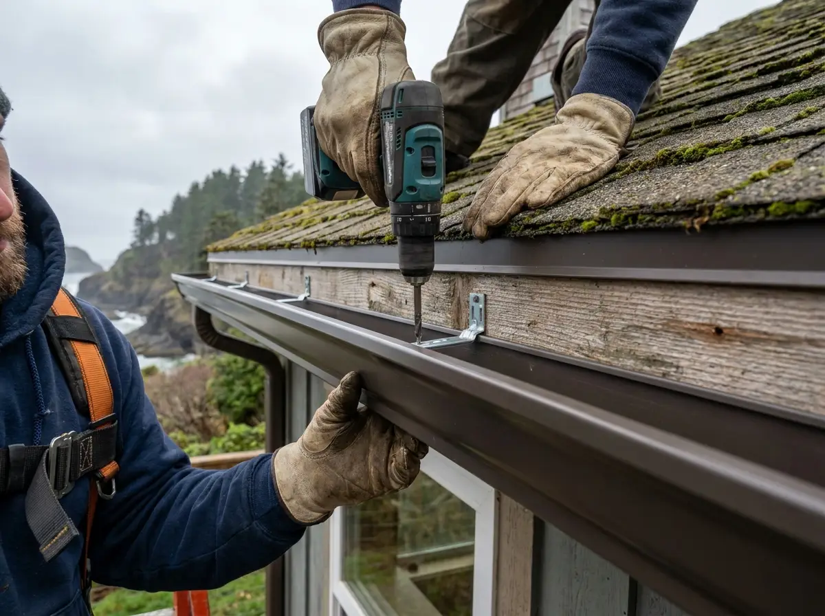 Brothers Gutters crew repairing gutters on an Oregon home